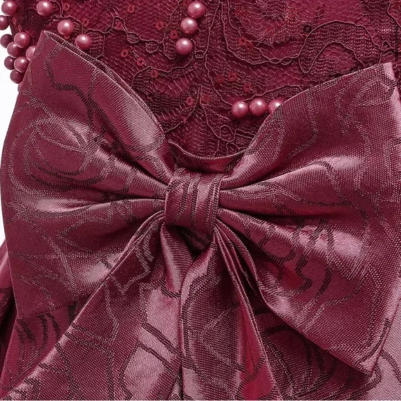 Luxury Pearl Embroidered Floral Bow Princess Wedding Birthday Flower Dress 5056 - Picture 6 of 10